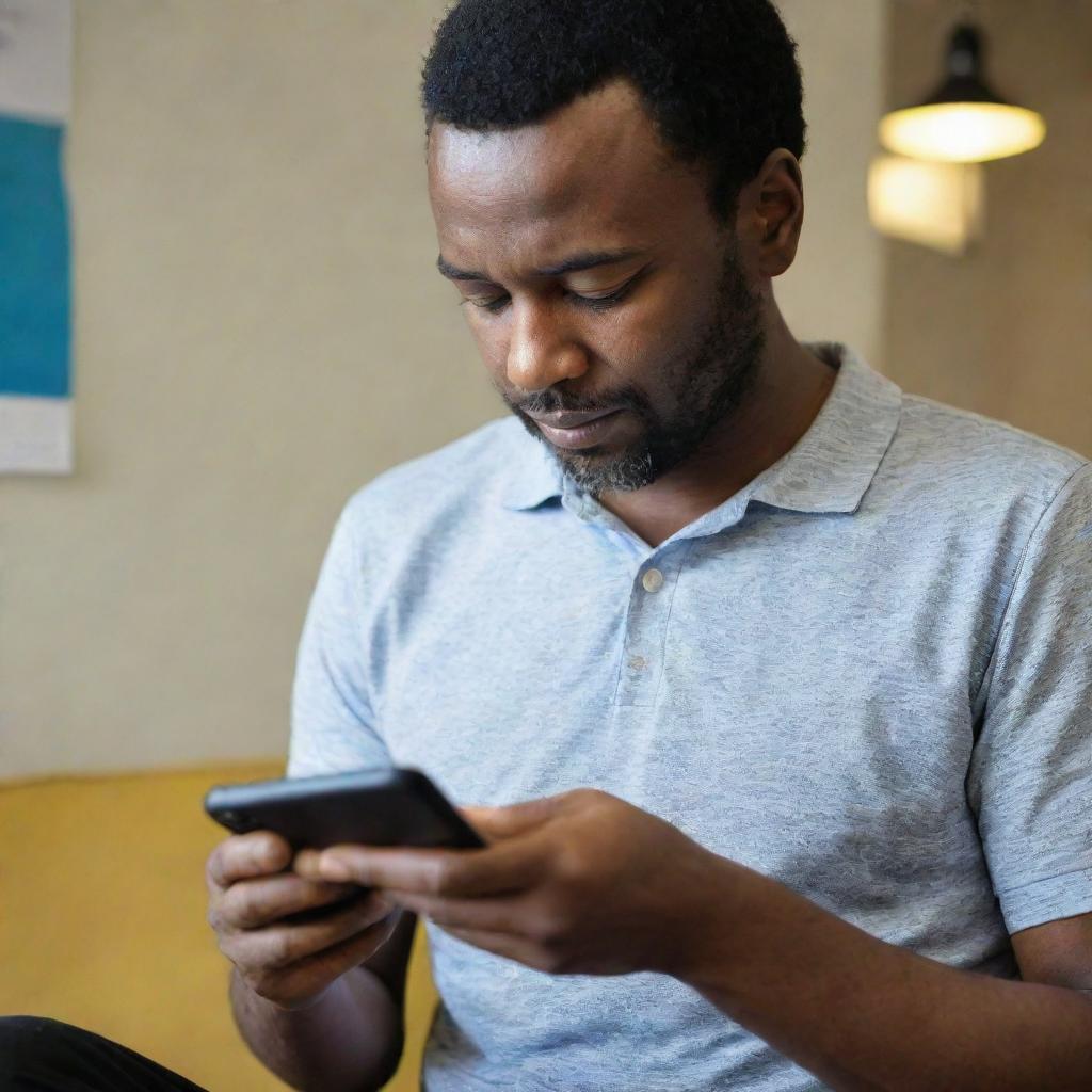 A man engrossed in perusing a vibrant list of songs displayed on his smartphone screen