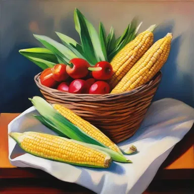 The artist painted a still life composition featuring a basket of kaffir corn, highlighting its vibrant colors and texture.