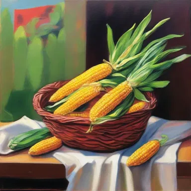 The artist painted a still life composition featuring a basket of kaffir corn, highlighting its vibrant colors and texture.