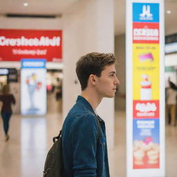 A young man intensely looking at a vibrant advertisement banner hanging in a bustling mall