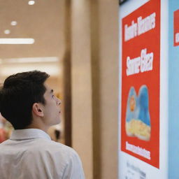 A young man intensely looking at a vibrant advertisement banner hanging in a bustling mall