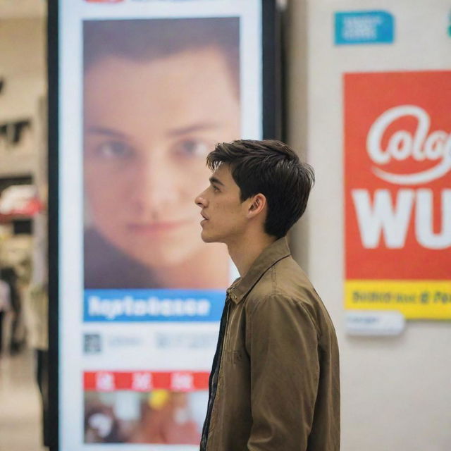 A young man intensely looking at a vibrant advertisement banner hanging in a bustling mall