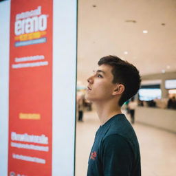 A young man intensely looking at a vibrant advertisement banner hanging in a bustling mall