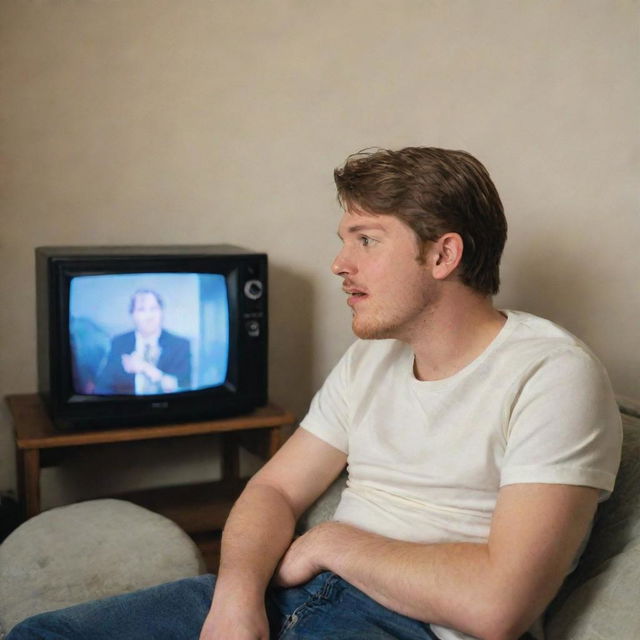 A young man deeply engrossed in watching a Queen concert on his television, with palpable excitement and enjoyment on his face.