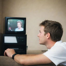 A young man deeply engrossed in watching a Queen concert on his television, with palpable excitement and enjoyment on his face.