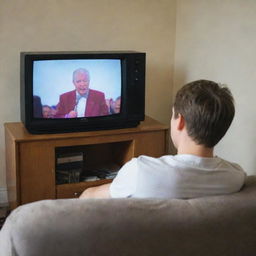 A young man deeply engrossed in watching a Queen concert on his television, with palpable excitement and enjoyment on his face.