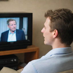 A young man deeply engrossed in watching a Queen concert on his television, with palpable excitement and enjoyment on his face.