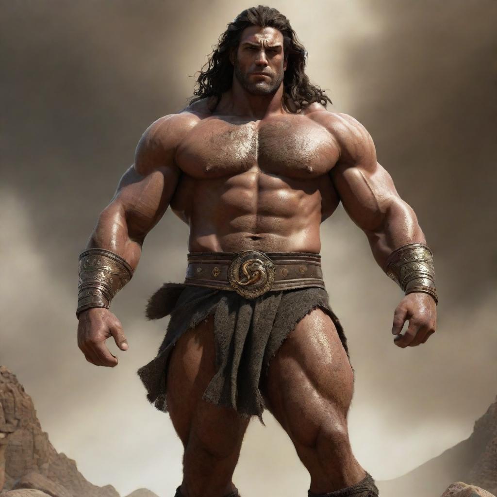 Render a dynamic composition depicting the biblical character Samson, showcasing his exceptional strength, distinct Nazirite dedication, and the tragic elements of his story. The setting is in a biblical era.