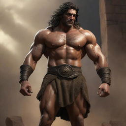 Render a dynamic composition depicting the biblical character Samson, showcasing his exceptional strength, distinct Nazirite dedication, and the tragic elements of his story. The setting is in a biblical era.