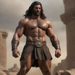 Render a dynamic composition depicting the biblical character Samson, showcasing his exceptional strength, distinct Nazirite dedication, and the tragic elements of his story. The setting is in a biblical era.