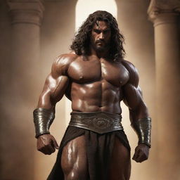 Render a dynamic composition depicting the biblical character Samson, showcasing his exceptional strength, distinct Nazirite dedication, and the tragic elements of his story. The setting is in a biblical era.