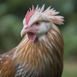 A unique looking hen sporting feathers and markings resembling the distinctive patterns of sharks.