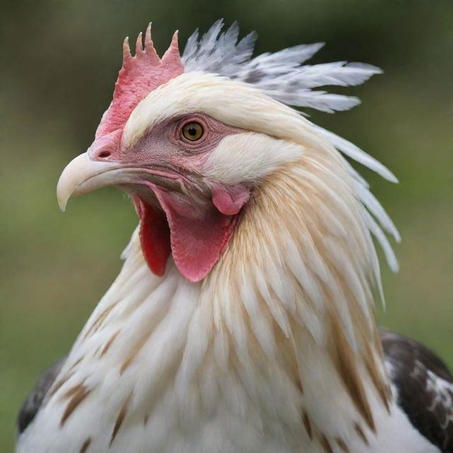 A unique looking hen sporting feathers and markings resembling the distinctive patterns of sharks.