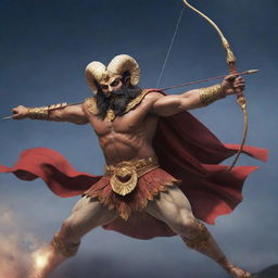 Anime depiction of the mythological hero Ram firing an arrow to defeat the demon king Ravana mid-air.