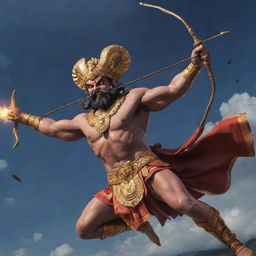 Anime depiction of the mythological hero Ram firing an arrow to defeat the demon king Ravana mid-air.