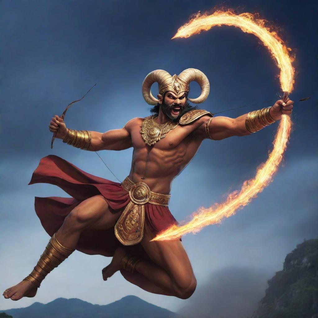 Anime depiction of the mythological hero Ram firing an arrow to defeat the demon king Ravana mid-air.