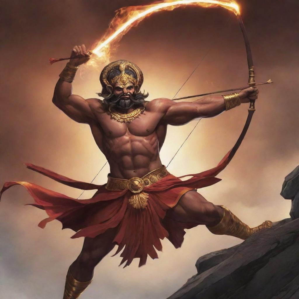 Anime depiction of the mythological hero Ram firing an arrow to defeat the demon king Ravana mid-air.