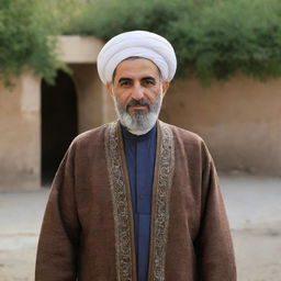 A typical Iranian man, dressed in traditional attire with features that reflect the ethnicity's characteristics, standing in a local Iranian setting.