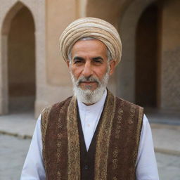 A typical Iranian man, dressed in traditional attire with features that reflect the ethnicity's characteristics, standing in a local Iranian setting.