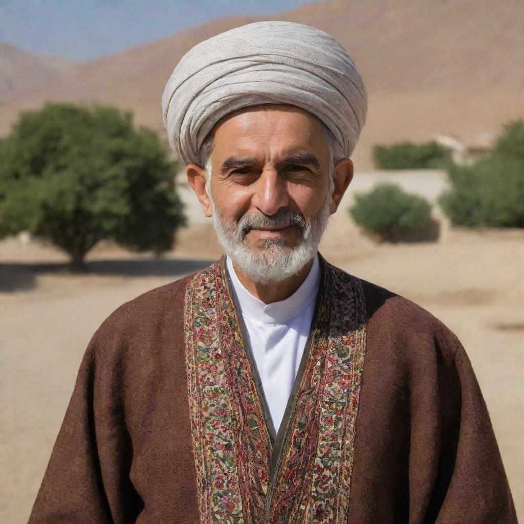 A typical Iranian man, dressed in traditional attire with features that reflect the ethnicity's characteristics, standing in a local Iranian setting.