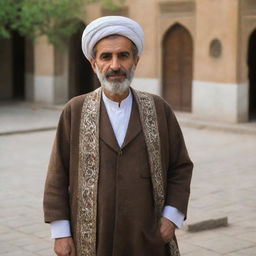 A typical Iranian man, dressed in traditional attire with features that reflect the ethnicity's characteristics, standing in a local Iranian setting.