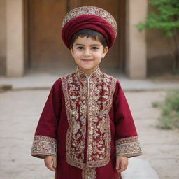 A typical Iranian child, cheerful and bright-eyed, clad in traditional attire, standing amid an authentic Iranian environment.