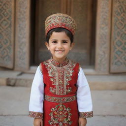 A typical Iranian child, cheerful and bright-eyed, clad in traditional attire, standing amid an authentic Iranian environment.