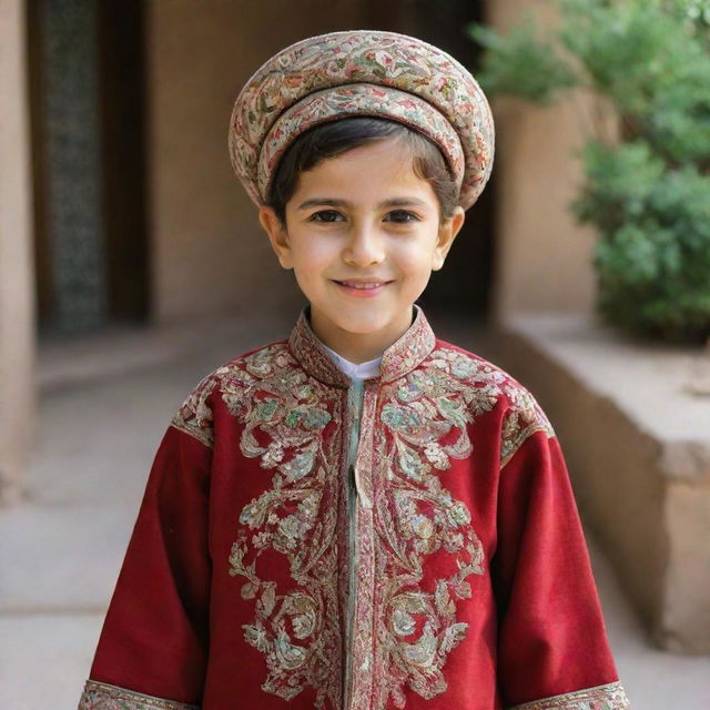 A typical Iranian child, cheerful and bright-eyed, clad in traditional attire, standing amid an authentic Iranian environment.