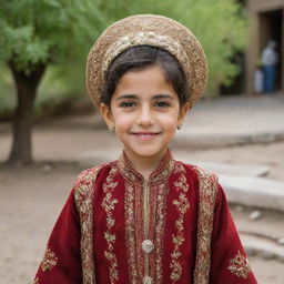 A typical Iranian child, cheerful and bright-eyed, clad in traditional attire, standing amid an authentic Iranian environment.