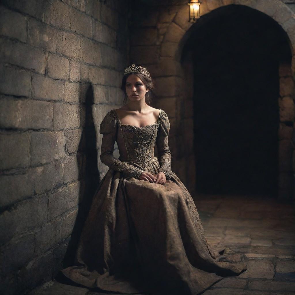 A distressed princess, with her regal attire dulled by the dim light, captured in a dank, stone-walled dungeon, waiting for her rescue.