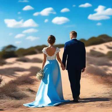 As they strolled hand in hand, the couple admired the vivid blue sky, their hearts full of love and romance.