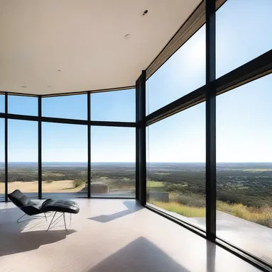 The large windows of the modern house were specifically positioned to let in ample natural light and offer breathtaking views of the blue sky.