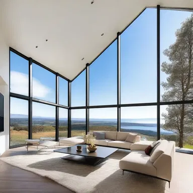 The large windows of the modern house were specifically positioned to let in ample natural light and offer breathtaking views of the blue sky.