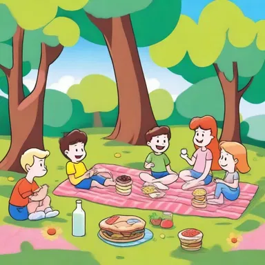 The scene in the cartoon depicted a group of friends having a picnic in a colorful park.