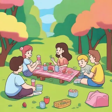 The scene in the cartoon depicted a group of friends having a picnic in a colorful park.