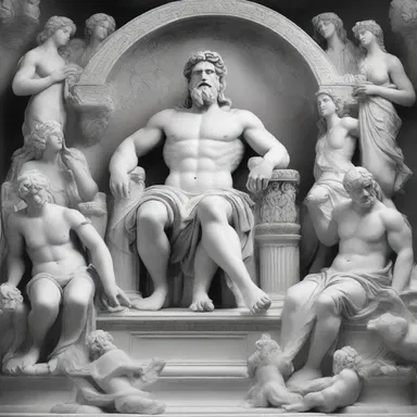 The scene from Greek mythology showed Zeus sitting on his throne atop Mount Olympus, surrounded by other gods and goddesses.
