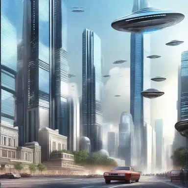 The scene depicted an advanced futuristic city, with towering skyscrapers and flying cars, creating a captivating science fiction setting for the play.