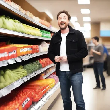During the comedy show, the comedian set up a hilarious scene at a crowded grocery store.