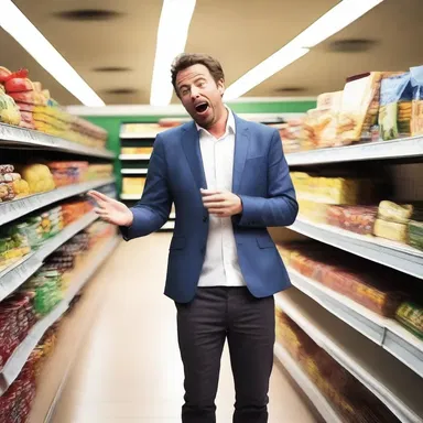 During the comedy show, the comedian set up a hilarious scene at a crowded grocery store.