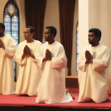 The spiritual scene in the play portrayed a serene church with the actors singing hymns and praying with devotion.