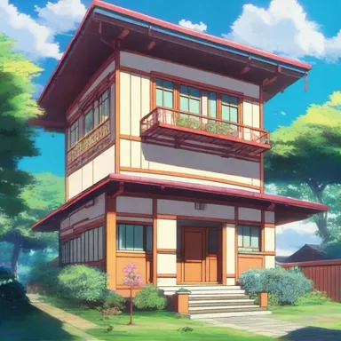In the anime scene, the protagonist's house is beautifully depicted with vibrant colors and intricate details.