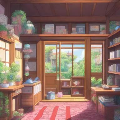 In the anime scene, the protagonist's house is beautifully depicted with vibrant colors and intricate details.