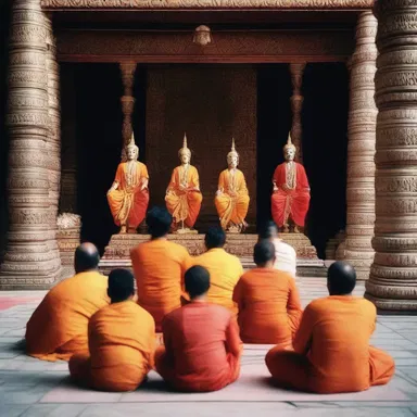 The religious scene took place in a serene temple, where devotees were engaged in deep meditation and prayer.