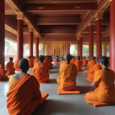 The religious scene took place in a serene temple, where devotees were engaged in deep meditation and prayer.