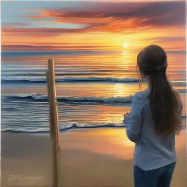 The artist skillfully captured the tranquil scene of a sunset over the ocean on her canvas.