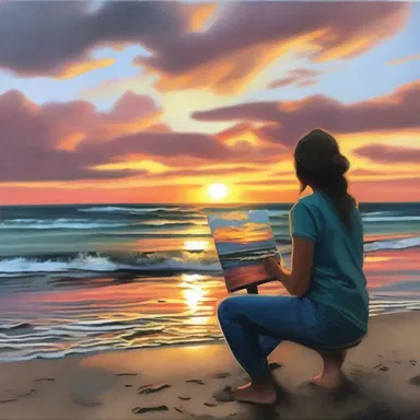 The artist skillfully captured the tranquil scene of a sunset over the ocean on her canvas.