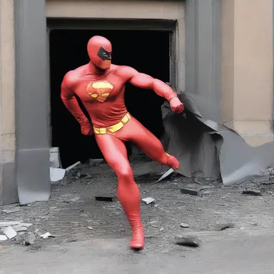 As the superhero crashed through the building, debris from a damaged coal chute flew everywhere.