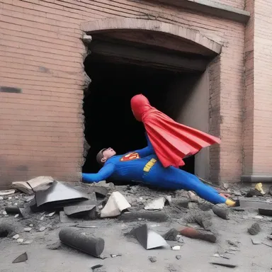 As the superhero crashed through the building, debris from a damaged coal chute flew everywhere.