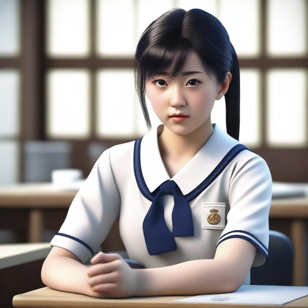 This is a hyper-realistic 3D render of a Japanese female student