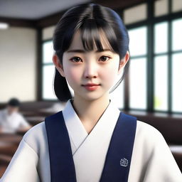 This is a hyper-realistic 3D render of a Japanese female student